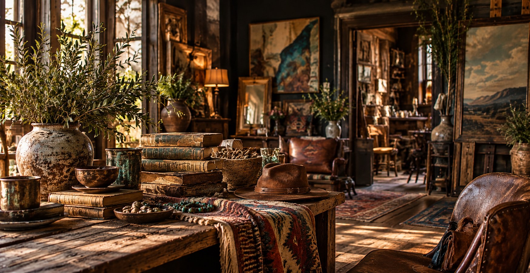 A layered mercantile interior with an aged wooden table of stoneware, old books, a felted hat, a woven blanket, paintings and warm lamplight