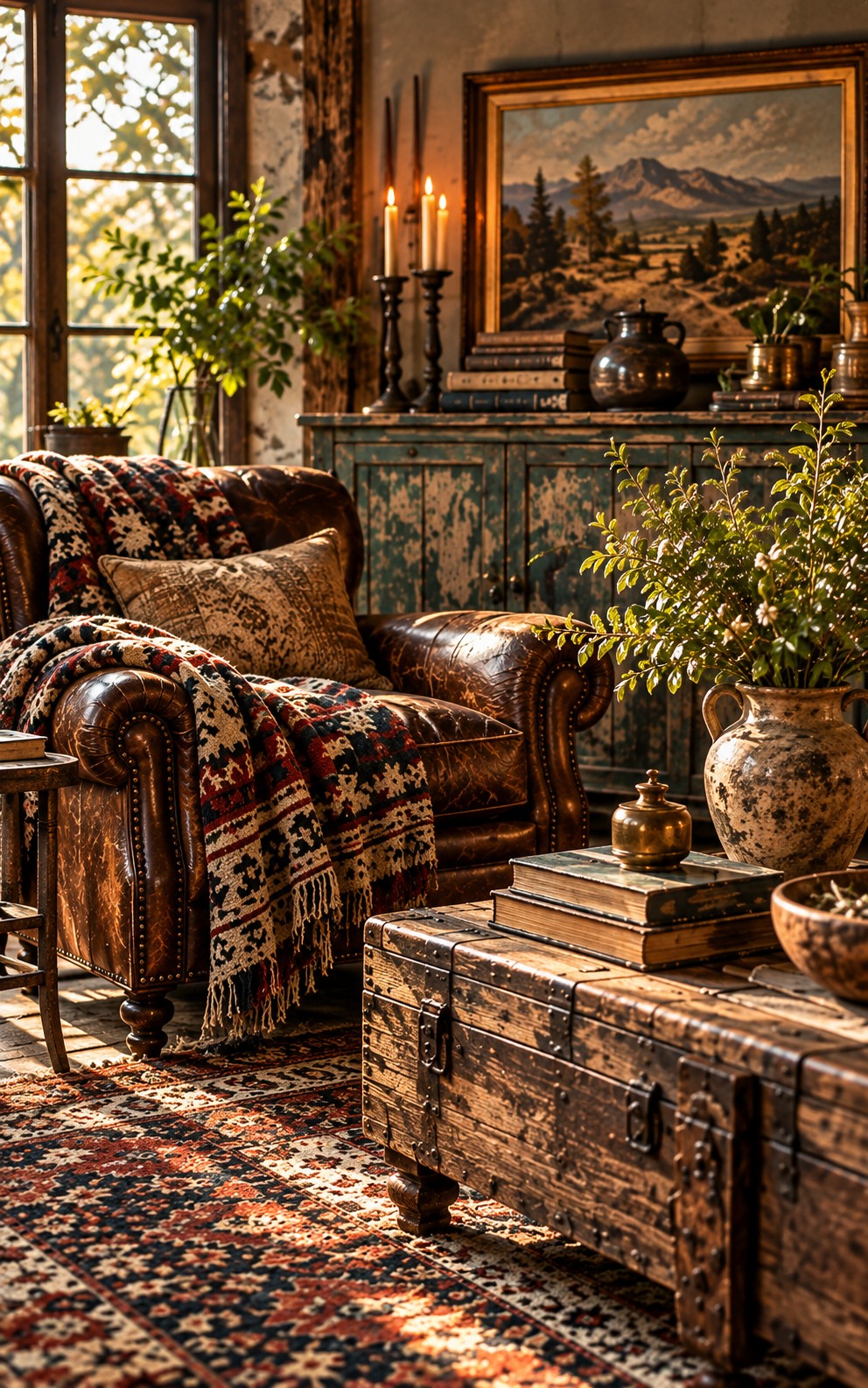 A collected room with a leather chair, worn trunk, stoneware vessels and layered textiles