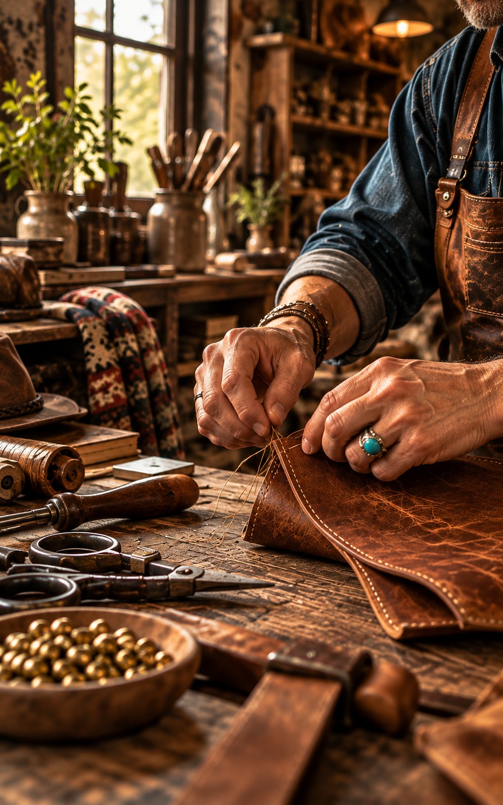 Maker hands stitching vegetable-tanned leather in a sunlit workshop